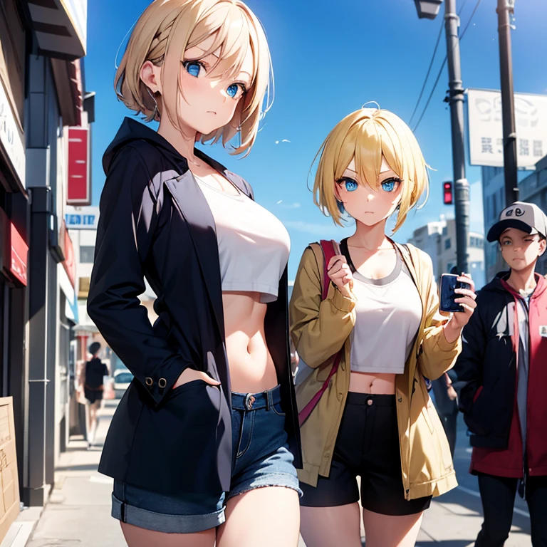 2D Anime Style、Blue eyes、breasts are slightly larger、A cool adult woman with short blonde hair tied back and a serious expression.........、Fashion that shows off your stomach, shorts and long coat,Holding a bag in your right hand,Hold your smartphone in your left hand,Walking around the city alone,