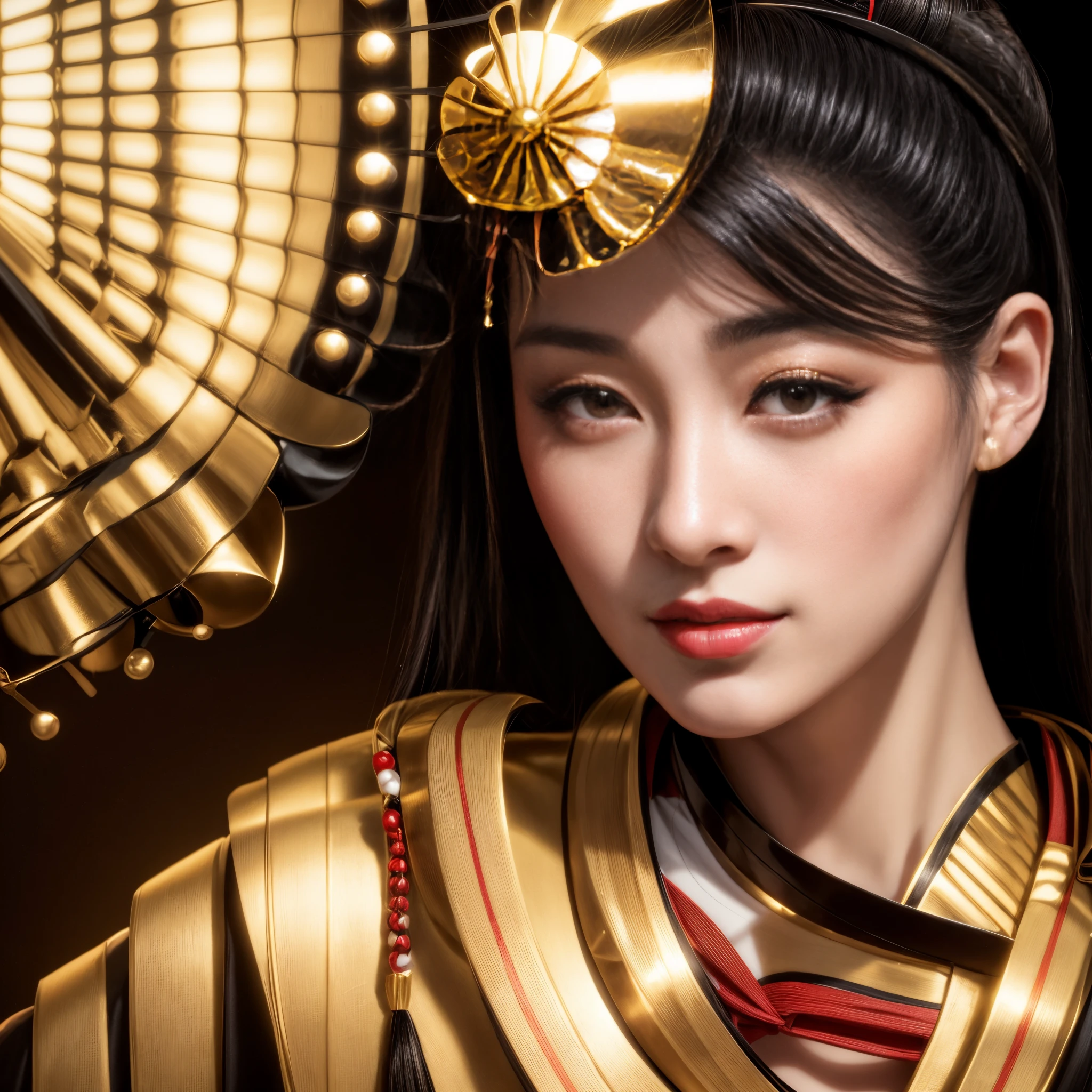 a beautiful geisha with black hair, full lips, beautiful eyes, with a fan, wearing a golden kimono, Realistic portrait of a beautiful geisha, Hyperrealistic portrait of the geisha, Photorealistic portrait of a geisha, Beauty geisha, Japanese geisha, Skilled geisha of Japanese, realistic image of geisha's intricate details.