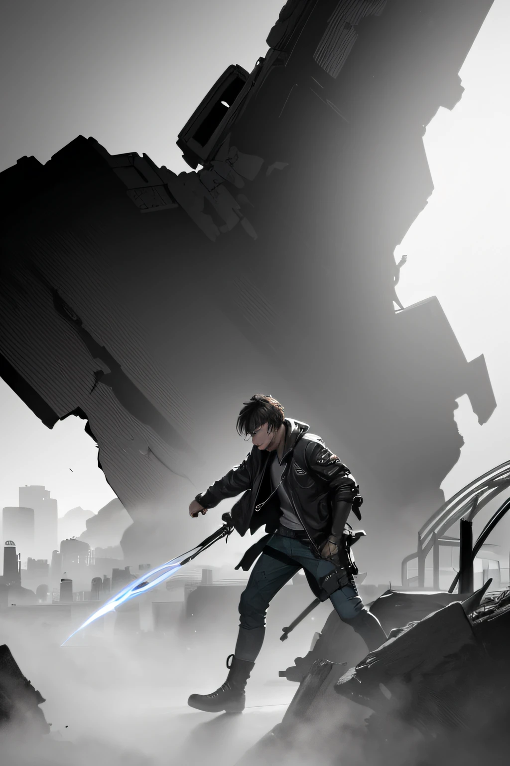 sketch of Background capturing the prologue's essence. Feature a male central character ,Lean, mid-20s, with messy brown hair and determined blue eyes, Wears a worn-out leather jacket over a dark shirt, sturdy cargo pants, and combat boots, against a devastated city backdrop. Highlight the clash of futuristic and post-apocalyptic elements. Emphasize an enigmatic aura around a partially obscured figure, evoking intrigue