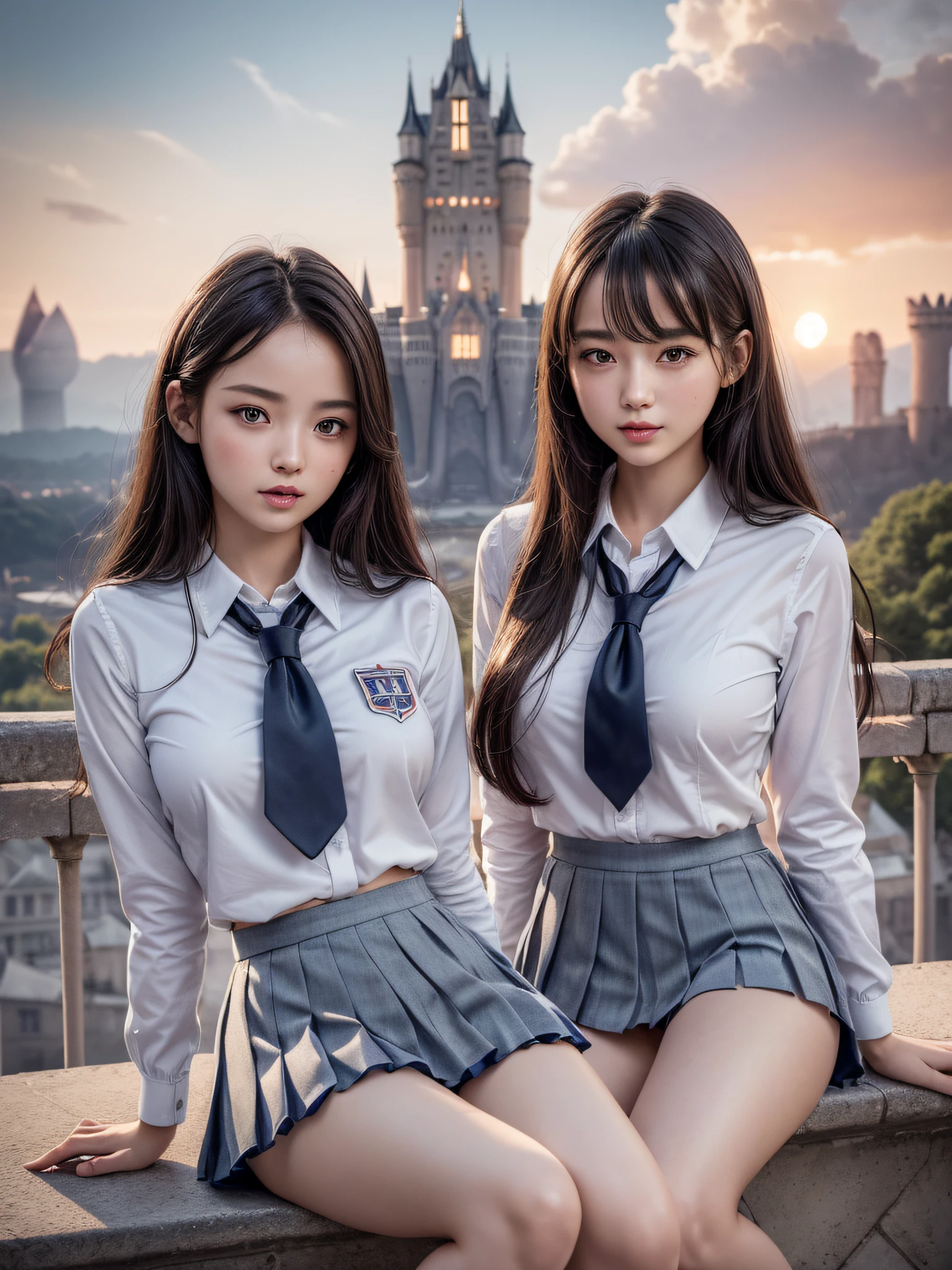 (2girls:1.5), Extremely cute, Amazing face and eyes, (Best Quality:1.4), (hyper quality), (Ultra-detailed), (school uniform, pleated mini skirt:1.5), (beautiful :1.1), (slender body:1.1), Authentic skin texture, bright and shiny lips, Beautiful Goddess Advent, (sitting, spread (pubick hair, cameltoe), Beautiful background, Golden ratio, conceptual art, Super Detail, ccurate, high details, Outdoors, (Beautiful Giant Castle:1.5), Sexy Art, Surroundby beautiful sunsets, dazzling lights, Super delicate illustration details, Highly detailed CG integrated 8k wallpapers, RAW Photos, professional photograpy, Cinematic lighting, Super gorgeous illustrations, depth of field,