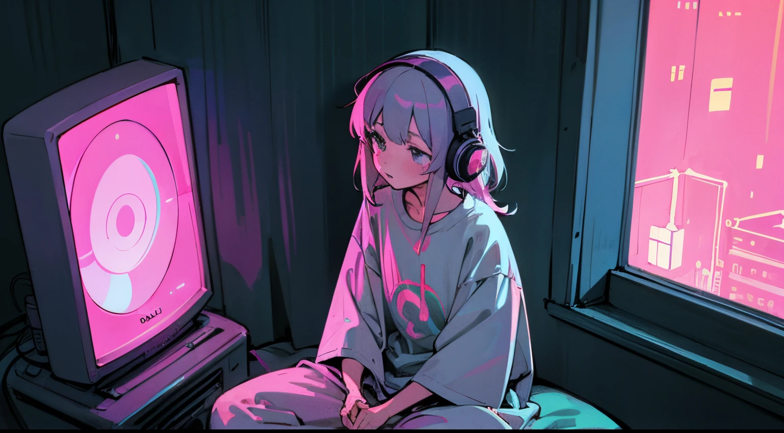 Girl sitting listening to music in a cozy room at night, Usando fones de ouvido, Anime estilo 2D, Lo-fi, disco Rigido, Ambiente escuro,Menina, cabelo marrom, olhos pretos, pele parda, -yeld chindo um pijama rosa no shopping European hippie girl meditating in her room, Dreaming, Wear headphones, night lights, Neon landscape on a rainy day, Analog Color Theme, Lo-Fi Hip Hop , Retrospective, Flat, 2.5D ,Draw a line, Ink drawing, Large gradient, Watercolor painting, Goosch color, Studio Ghibli style, Awesome colorful, Outer Ton, Krautlock, lofi art, 70s style,Old textures, amplitude,Psychedelic atmosphere, masutepiece, Incredible technology,Girl listening to music in cozy room at night, Use headphones, 2D style anime, lo fi, hard disk, dark environment
