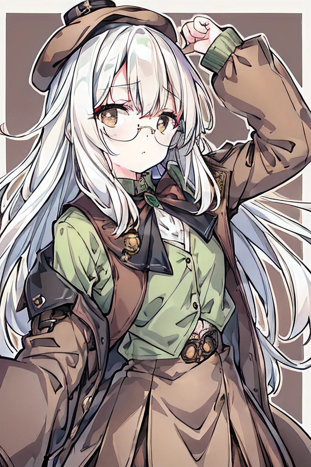 winter,shirt,Glasses with thin rim,White hair,Brown eyes,Brown tie,brown skirt,dark green beret,Dark green jacket,girl with,steampunkai