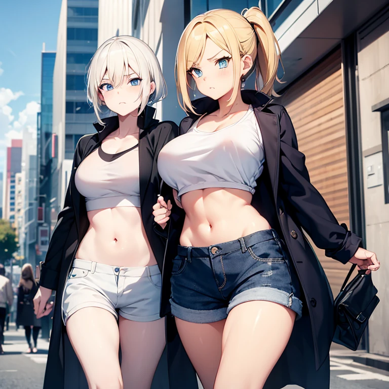 2girl, two girls , long hair, mature female, makeup, eyelashes, blush, lipstick, fur trim, mature female, gloves, fur-trimmed coat, outdoors, rooftop, cityscape, building, railing, night sky, scenery, city lights, masterpiece, best quality, highly detailed, a girls with a gun, evil smile , open mouth, sexy gaze, badass pose , evil smile, smile, (nsfw) not safe for work, guns blazing, anime girl with long hair, beautiful long haired girl, navel, evil expression, exposed belly, exposed navel, exposed midriff, exposed lower belly, long black pants, crop top, cleavage, unbuttoned leather pants ,open fly, low rise black leather pants, leather jacket, holding a gun, navel piercing