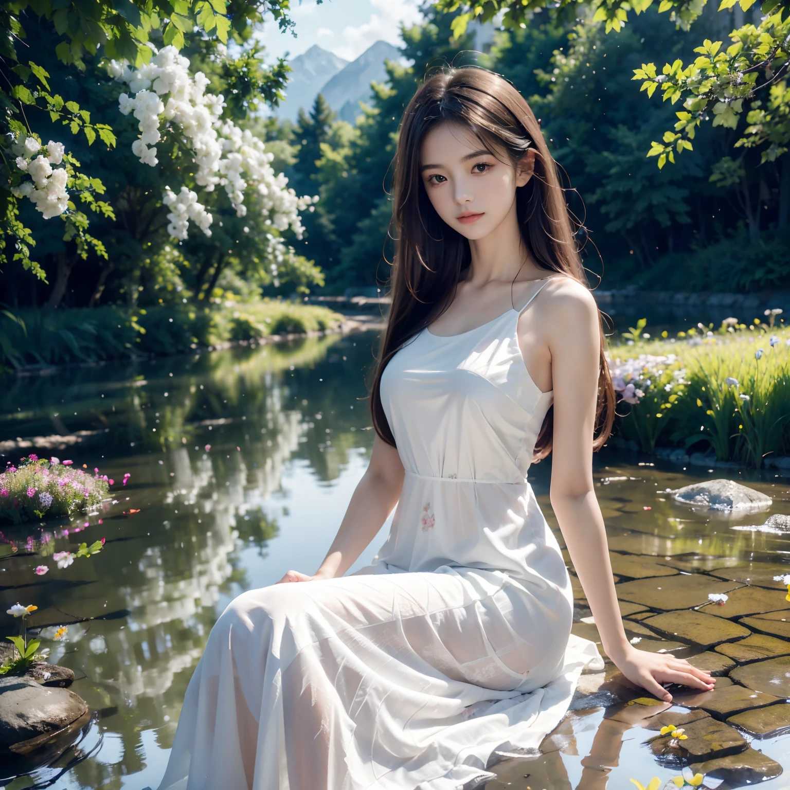 A girl by the lakeside, under a tree, surrounded by wildflowers, enjoying the tranquil scenery. (best quality,photorealistic),soft, ethereal, pastel colors, gentle sunlight, detailed facial features, flowing dress, serene expression, peaceful atmosphere, sparkling water reflections, lush greenery, dappled shade, delicate petals, serene landscape, soft breeze, natural beauty, idyllic setting, harmonious composition, dreamlike ambiance, quiet and calm.