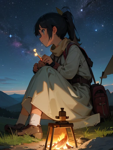 masterpiece, best quality, ultra-detailed, illustration, 1girl, short girl, young girl, beautiful, solo, looking away, outdoors, camping, night, mountains, nature, stars, moon, tent, twin ponytails, green eyes, cheerful, happy, backpack, sleeping bag, camping stove, water bottle, mountain boots, gloves, sweater, hat, flashlight, forest, rocks, river, wood, smoke, shadows, contrast, clear sky, constellations, Milky Way, peaceful, serene, quiet, tranquil, remote, secluded, adventurous, exploration, escape, independence, survival, resourcefulness, challenge, perseverance, stamina, endurance, observation, intuition, adaptability, creativity, imagination, artistry, inspiration, beauty, awe, wonder, gratitude, appreciation, relaxation, enjoyment, rejuvenation, mindfulness, awareness, connection, harmony, balance, texture, detail, realism, depth, perspective, composition, color, light, shadow, reflection, refraction, tone, contrast, foreground, middle ground, background, naturalistic, figurative, representational, impressionistic, expressionistic, abstract, innovative, experimental, unique, depth of field, bokeh