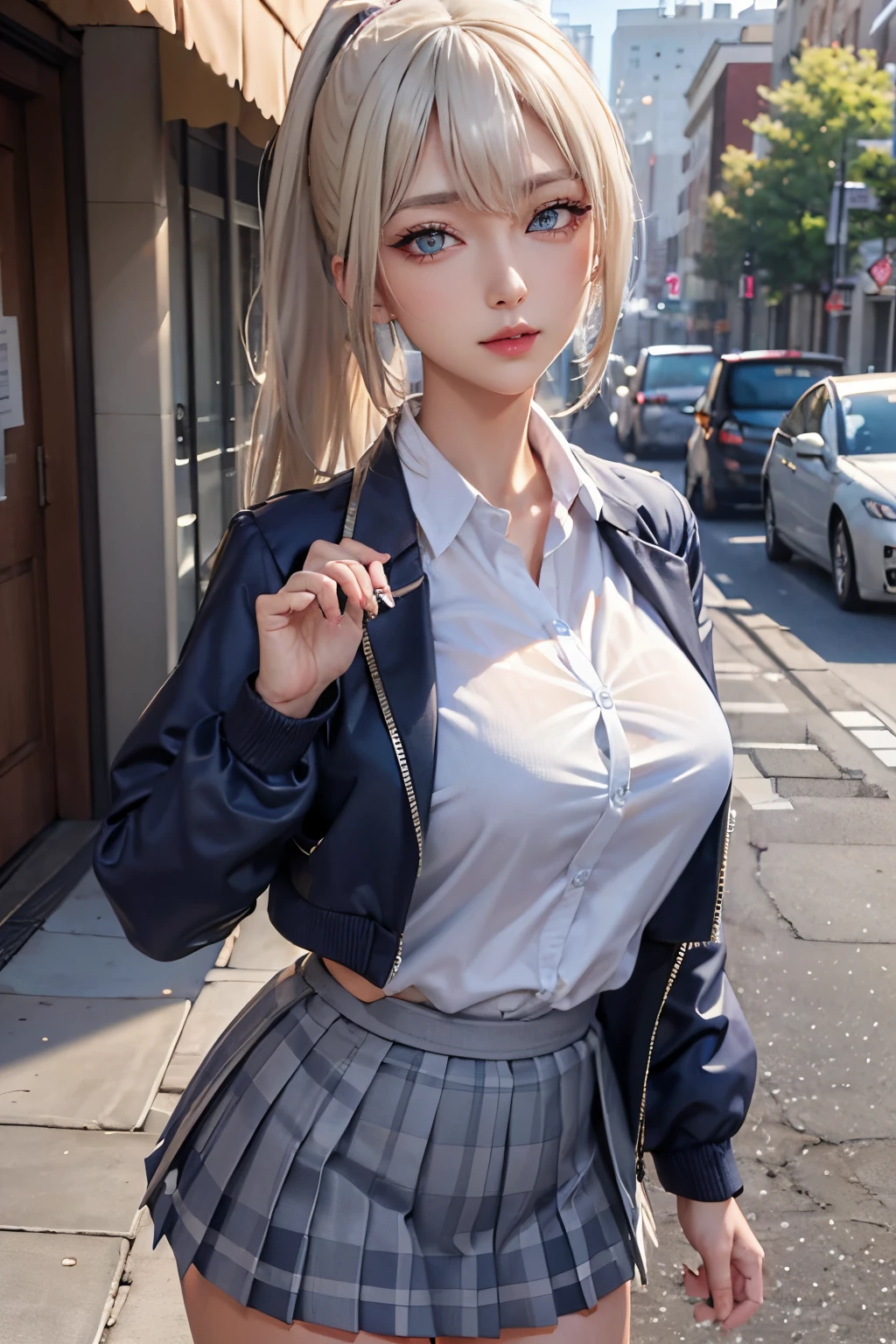 (Best Quality, 8K, 32K, masutepiece, nffsw:1.2), (Realistic:1.5), (masutepiece, Highly detailed CG Unity 8k wallpaper, Best Quality, hight resolution:1.2), (ultra-detailliert, nffsw:1.2), (Cowboy Shot:1.3), BREAK, (Wearing a uniform, Navy jacket:1.3, White collared shirt:1.3, Plaid pleated skirt:1.3, White sneakers:1.3), bright expression, shiny white shiny skin, Best Looks, ultimate beauty girl, BREAK, (Platinum blonde hair with dazzling highlights, Ponytail hair style:1.3, shiny light hair, Silky straight hair, Beautiful bangs that shine), BREAK, Glowing crystal clear attractive blue eyes, extremely beautiful and cute, Lush bust, masutepiece, Best Quality, Capture super cute moments, depth of fields, ultra-detailliert, Ultra High Resolution, C4D, Octadale, 3D Modeling, 8K, 16 K.,high_School_girl、Layered Pixie Short Hair