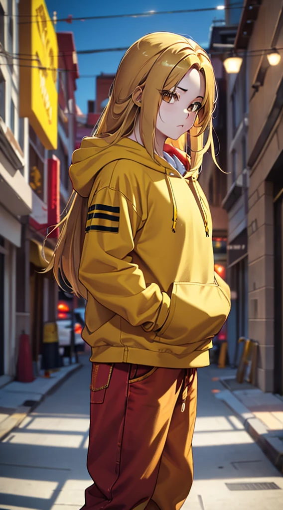 Brown eyes with yellow hair, red hoodie 
and blur jeans, standing,street background ,long hair,