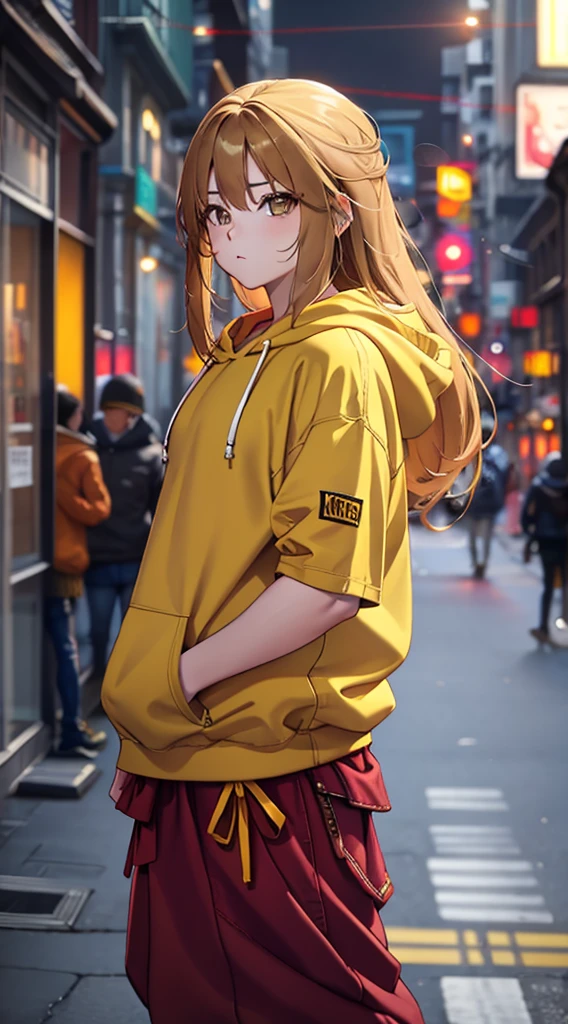 Brown eyes with yellow hair, red hoodie 
and blur jeans, standing,street background ,long hair,