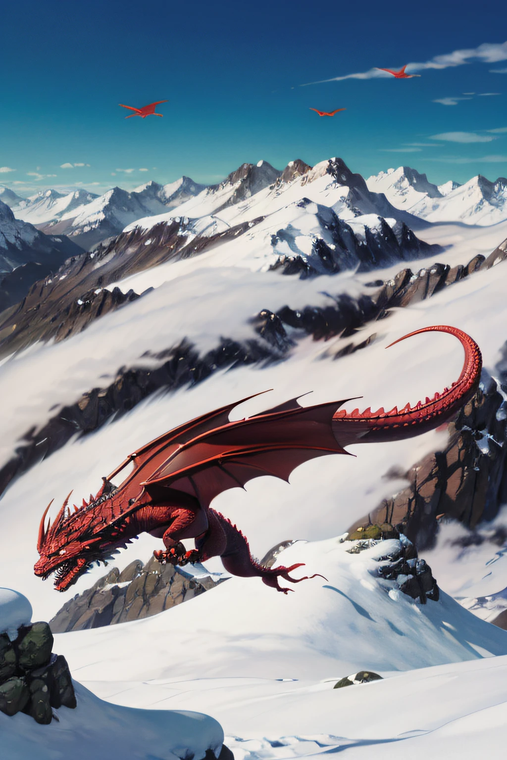 a red dragon soaring through the sky, snowy mountains in the background