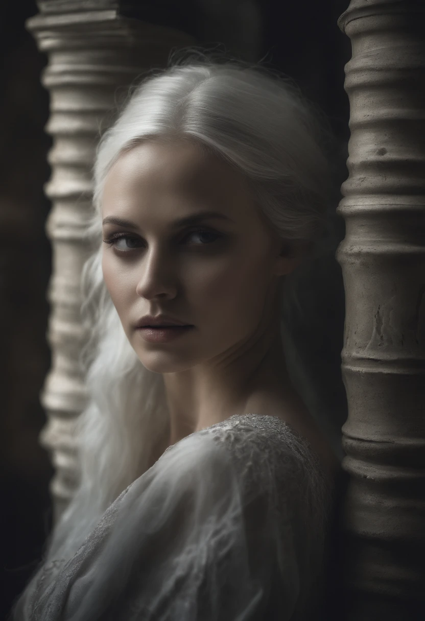 Imagine the portrait of a captivating woman, possessing both beauty and an ominous power, residing in a foreboding castle. Her meticulously crafted face, now adorned with white hair, becomes an ethereal and haunting feature against the backdrop of the shadowed castle. The contrast between her dark charisma and the pallor of her hair enhances the overall eeriness of her presence.

In this realistic depiction, the woman's expression retains the blend of allure and malice, while the white hair adds an otherworldly touch to her appearance. The play of light and shadow within the castle highlights the ominous atmosphere, creating a cinematic scene that immerses the viewer in the duality of her beauty and dark power.

The evil force she possesses takes on an even more mysterious quality as it intertwines with the ethereal white strands of her hair. This visual narrative invites viewers into a realm where the woman's haunting allure is heightened by the spectral beauty of her white hair, defining her as a captivating and enigmatic figure within the confines of the ominous castle.