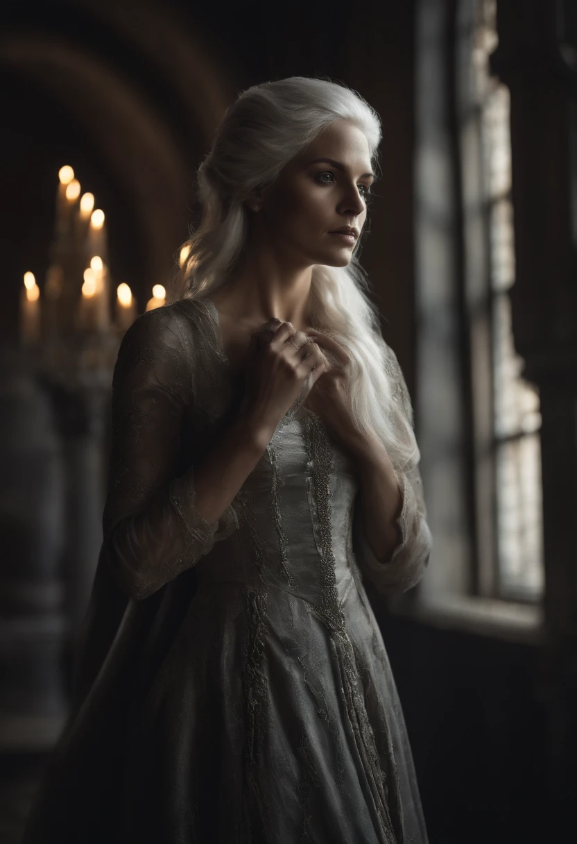Imagine the portrait of a captivating woman, possessing both beauty and an ominous power, residing in a foreboding castle. Her meticulously crafted face, now adorned with white hair, becomes an ethereal and haunting feature against the backdrop of the shadowed castle. The contrast between her dark charisma and the pallor of her hair enhances the overall eeriness of her presence.

In this realistic depiction, the woman's expression retains the blend of allure and malice, while the white hair adds an otherworldly touch to her appearance. The play of light and shadow within the castle highlights the ominous atmosphere, creating a cinematic scene that immerses the viewer in the duality of her beauty and dark power.

The evil force she possesses takes on an even more mysterious quality as it intertwines with the ethereal white strands of her hair. This visual narrative invites viewers into a realm where the woman's haunting allure is heightened by the spectral beauty of her white hair, defining her as a captivating and enigmatic figure within the confines of the ominous castle.