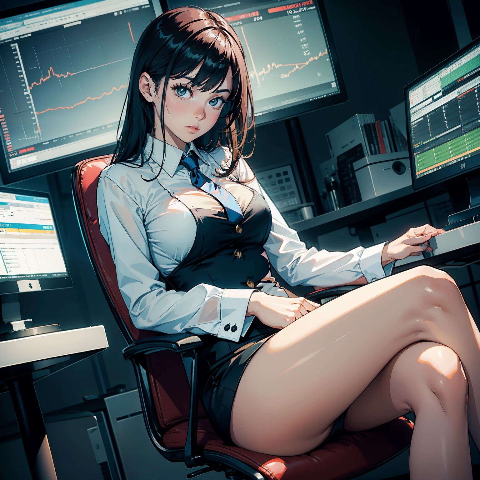 Gorgeous woman sitting with legs spread on chair on chart in stock trading office