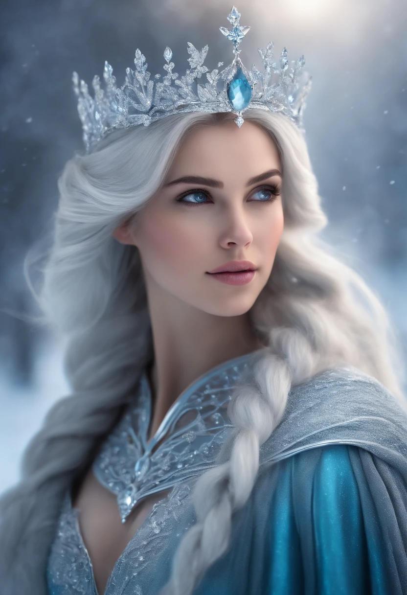 A girl with gray hair and ice powers in a frozen landscape with snow and a crown of ice,(Best Quality,hight resolution,Masterpiece:1.2)Ultra-detailed,Realistic, HDR, studio lightning, extreme detail description, Professional, sharp-focus, physical based rendering, Vivid colors, bokeh, portrai, Icy blue color palette, Ice lighting.