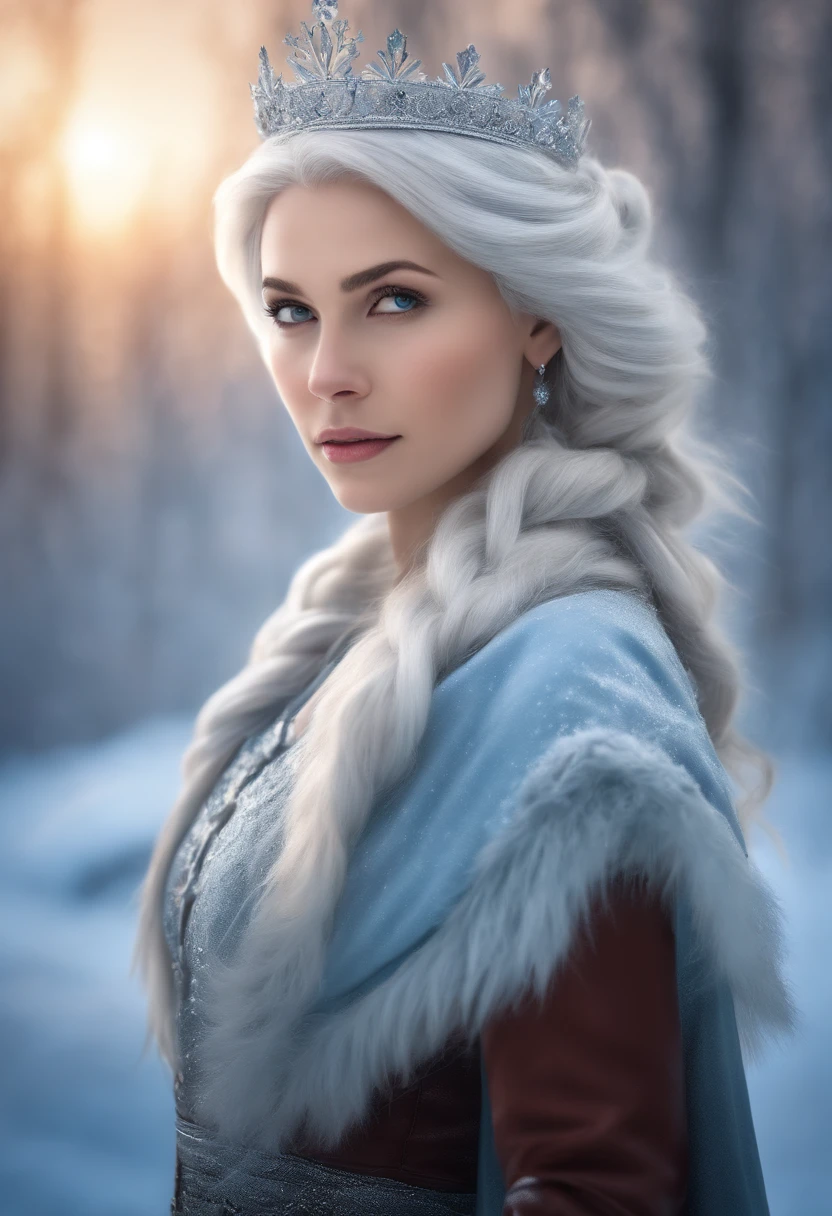 A girl with gray hair and ice powers in a frozen landscape with snow and a crown of ice,(Best Quality,hight resolution,Masterpiece:1.2)Ultra-detailed,Realistic, HDR, studio lightning, extreme detail description, Professional, sharp-focus, physical based rendering, Vivid colors, bokeh, portrai, Icy blue color palette, Ice lighting.