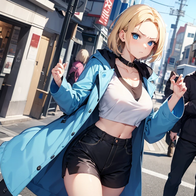 2D Anime Style、Blue eyes、breasts are slightly larger、A cool adult woman with short blonde hair that shows her forehead and an angry expression.........、wearing shorts and a long coat、She is wearing a fashion that shows her stomach and is holding a bag in her right hand.。.、Hold your smartphone in your left hand,Walking around the city alone,