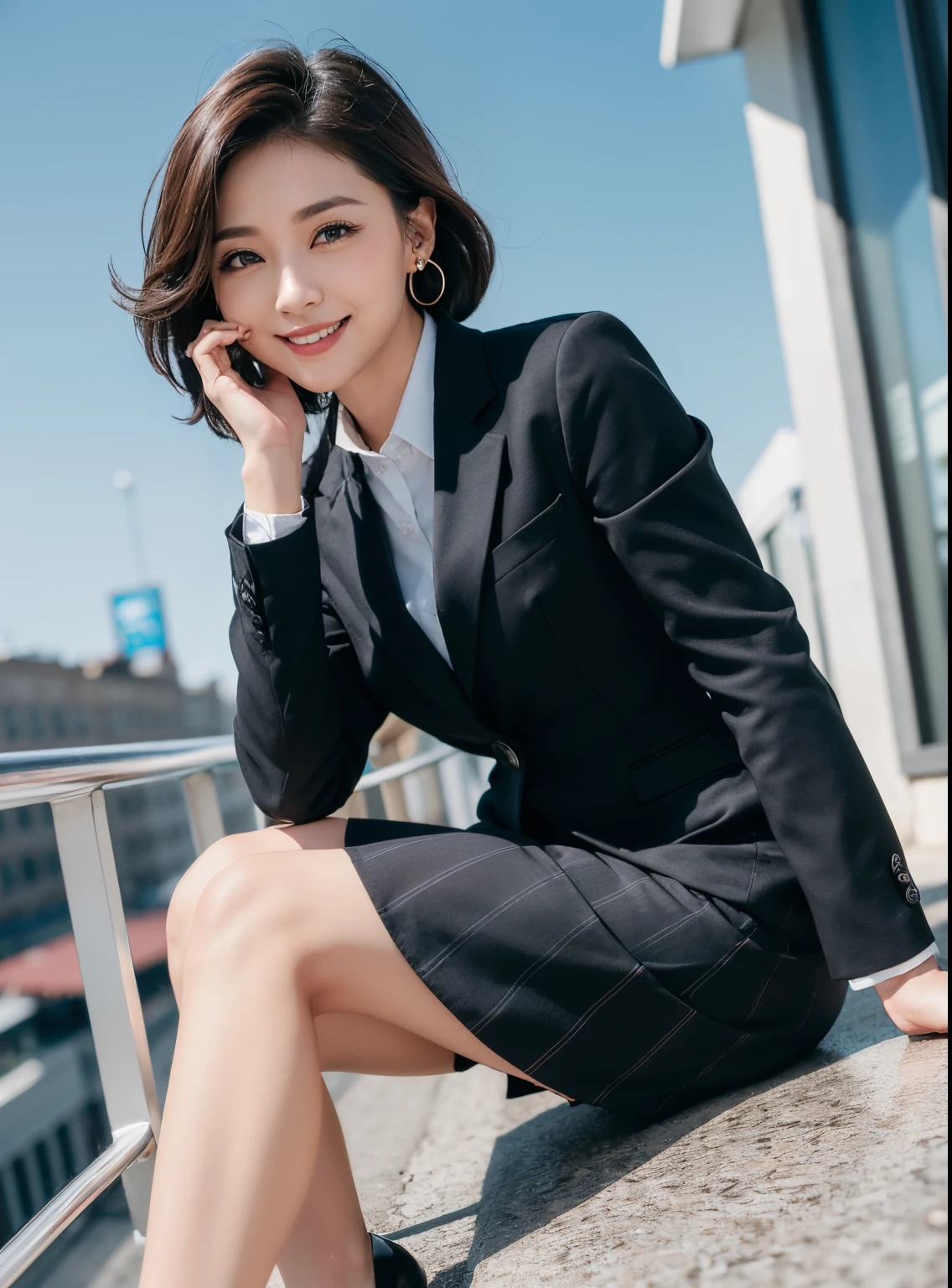 (8k, top-quality, masterpiece:1.2), (realisitic, Photorealsitic:1.37), ultra-detailliert, 1 girl in, full bodyesbian, outside of house, (Adjusted hair:1.5) Officelady, Black Office Blazer, Office Skirt, (panthyhose: 1.2)、(Short button-down shirt:1.2)、Button Up Color Prim、Button Down Color Prim、bura、(panthyhose:1.2)、Alpha Layer、high-heels、earring beautiful、cute little、独奏、Beautiful detailed sky、(a smile:1.15)、(Mouth closed)、tiny chest、Eyes in Beautiful Details、Business attire、(short-hair:1.2)、Floating Hair NovaFrogStyle、profile