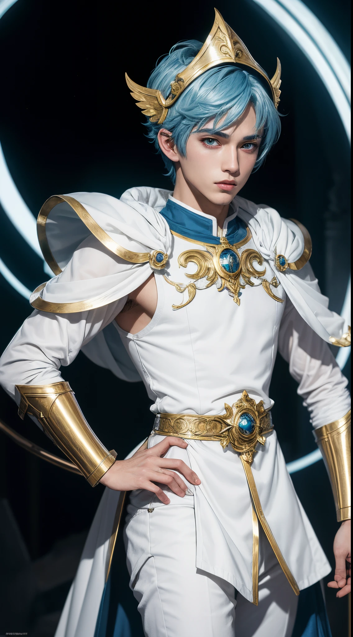 (absurdres, highres, ultra detailed, HDR), masterpiece, best quality, "magic knight rayearth" Character handsome boy in white outfit short hair wearing detailed headgear blue hair