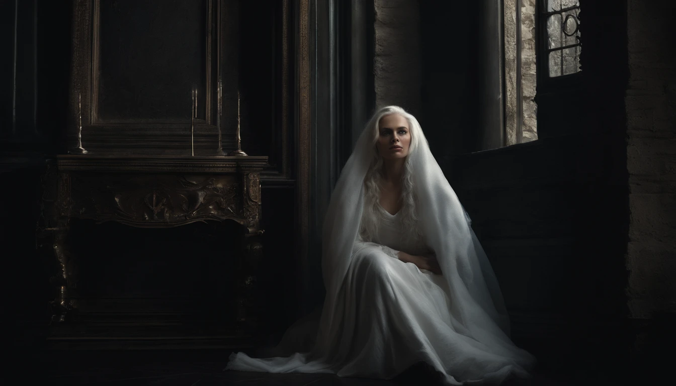 Imagine the portrait of a captivating woman, possessing both beauty and an ominous power, residing in a foreboding castle. Her meticulously crafted face, now adorned with white hair, becomes an ethereal and haunting feature against the backdrop of the shadowed castle. The contrast between her dark charisma and the pallor of her hair enhances the overall eeriness of her presence.
In this realistic depiction, the woman's expression retains the blend of allure and malice, while the white hair adds an otherworldly touch to her appearance. The play of light and shadow within the castle highlights the ominous atmosphere, creating a cinematic scene that immerses the viewer in the duality of her beauty and dark power.
The evil force she possesses takes on an even more mysterious quality as it intertwines with the ethereal white strands of her hair. This visual narrative invites viewers into a realm where the woman's haunting allure is heightened by the spectral beauty of her white hair, defining her as a captivating and enigmatic figure within the confines of the ominous castle.