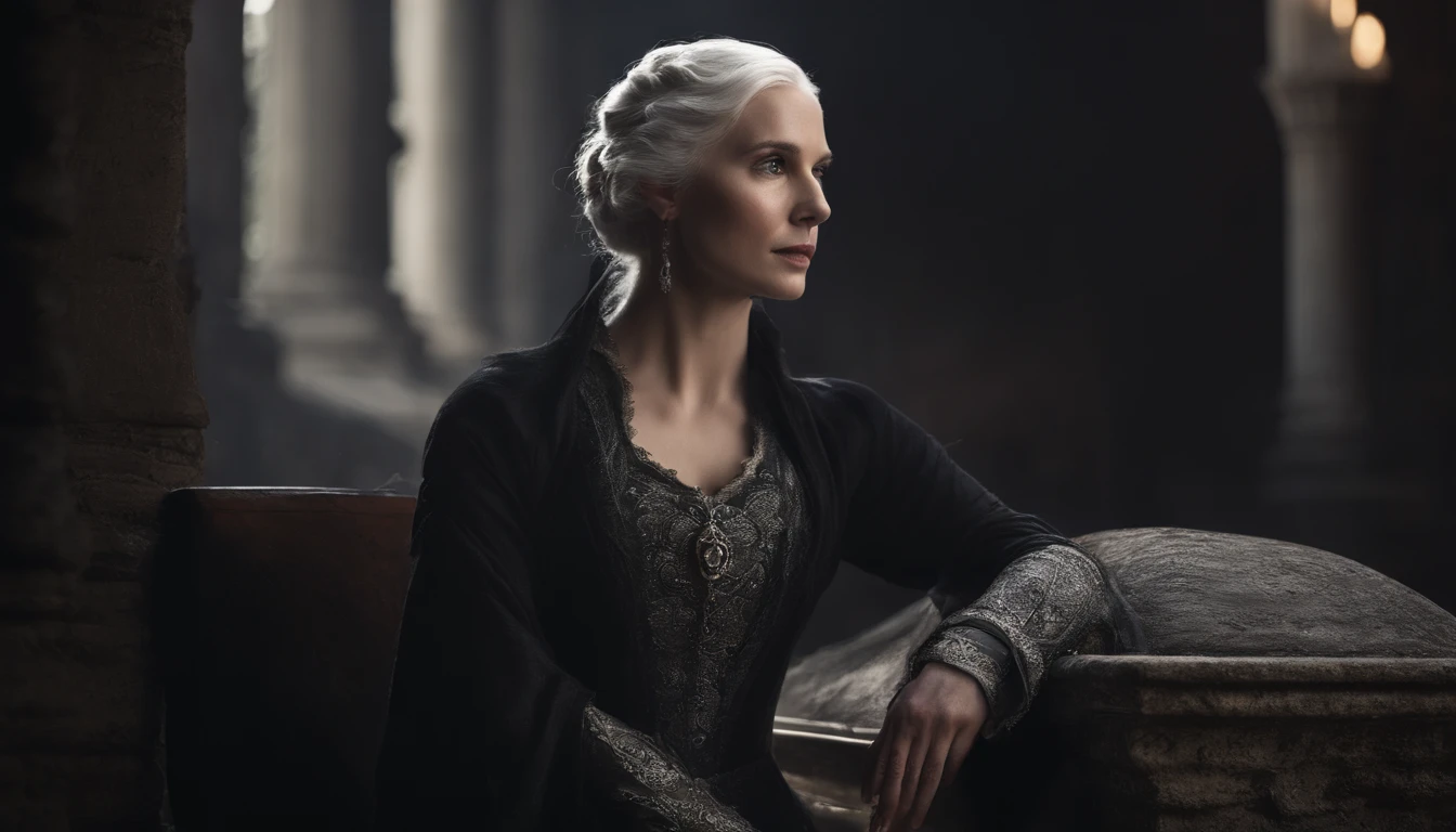 Imagine the portrait of a captivating woman, possessing both beauty and an ominous power, residing in a foreboding castle. Her meticulously crafted face, now adorned with white hair, becomes an ethereal and haunting feature against the backdrop of the shadowed castle. The contrast between her dark charisma and the pallor of her hair enhances the overall eeriness of her presence.
In this realistic depiction, the woman's expression retains the blend of allure and malice, while the white hair adds an otherworldly touch to her appearance. The play of light and shadow within the castle highlights the ominous atmosphere, creating a cinematic scene that immerses the viewer in the duality of her beauty and dark power.
The evil force she possesses takes on an even more mysterious quality as it intertwines with the ethereal white strands of her hair. This visual narrative invites viewers into a realm where the woman's haunting allure is heightened by the spectral beauty of her white hair, defining her as a captivating and enigmatic figure within the confines of the ominous castle.