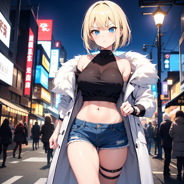 2D Anime Style、Blue eyes、 are slightly larger、Blonde shorthair,A cool adult woman walking on a snowy night road with a serious expression..,Solo, Fashion that shows off your stomach,Leather shorts,long sleeve long coat