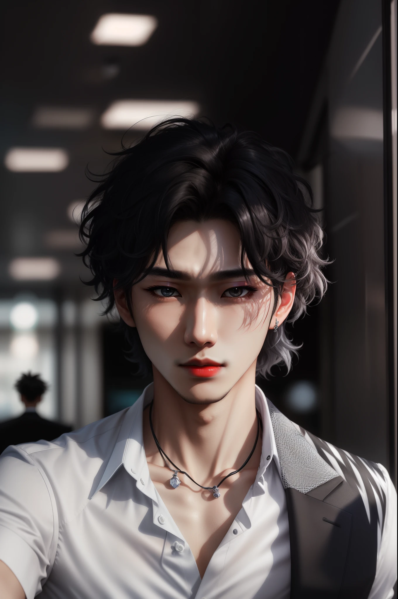 Solo selfie,Sven short black hair Hair is fluffy and messy,Sketch red lips,juvenile sense,Beautiful eyes,Eyes light sensitivity Long eyelashes,Realistic Realistic,Redlip,Light and shadow details,pearlescent,Lee So-hyuk,Cai Xukun's, cool guy,Beautiful facial features,Young handsome guy,Jewel-like eyes,Affectionate eyes,Light lips,Business suit,Close-up portraits,Sketch red lips,white shirt,Adam's apple,鎖骨