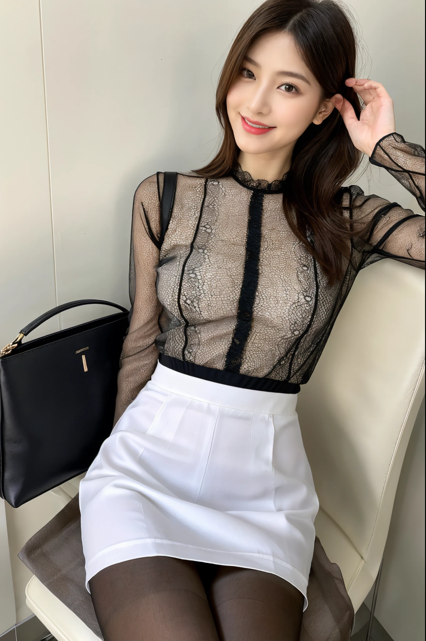 ulzzang -6500-v1.1, (Raw photo:1.2), (Photorealsitic),(Real: 1.4),  Popular actresses、(white  shirt:1.2), (black lace skirt:1.3)、(Ultra-realistic pantyhose:1.2), game_nffsw,  Ultra-realistic skin texture、shinny skin、turned around、Exposed thighs!!!、Smile of shame、Pose for shooting、Sunlight、Quiet park、