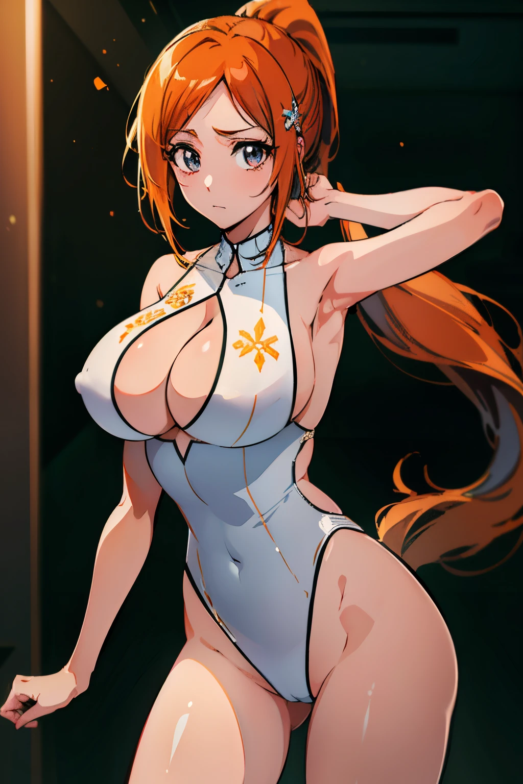 (masterpiece, best quality:1.2), cowboy shot, solo, 1girl, orihime inoue, sexy, NSFW, virginkiller, open back, sleeveless, ponytail, beautiful, wardrobe malfunction, absurdres, high res, ultrasharp, 8k, masterpiece