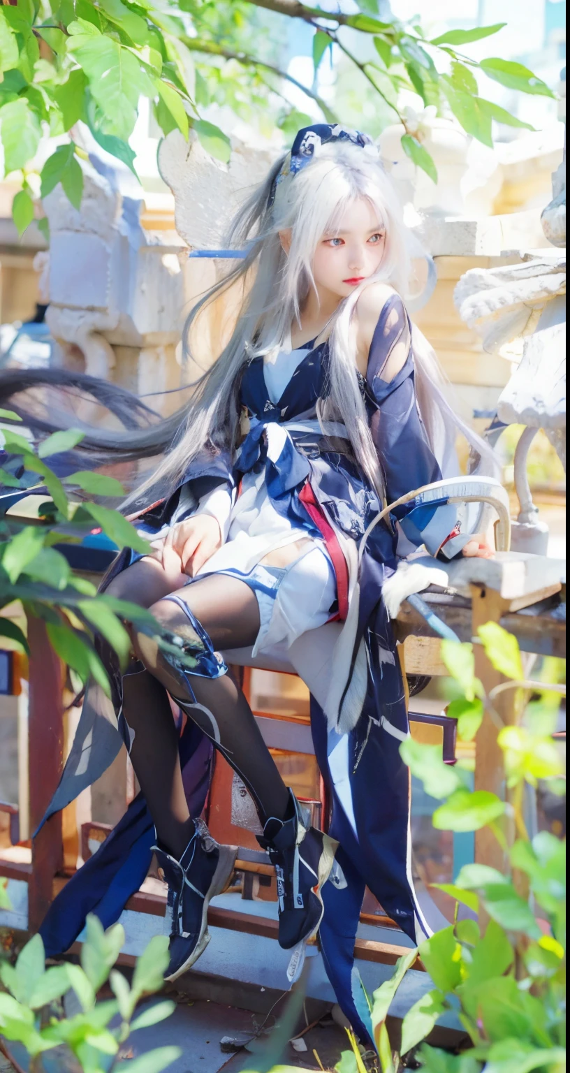1girl, 2 cat, long hair, white hair, blue clothes, sit on fence, realistic, detail