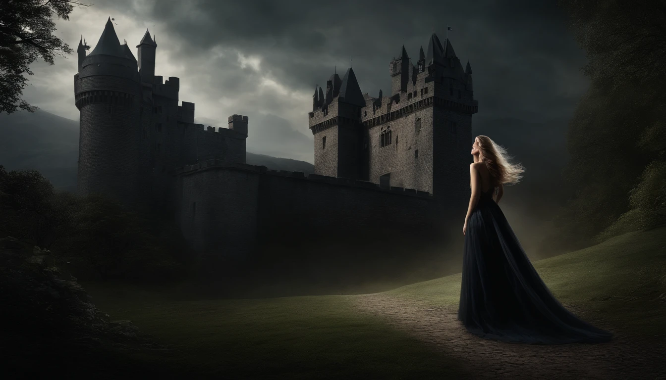Envision a captivating woman, both beautiful and possessed by an evil power, residing in a foreboding castle. Her face, meticulously crafted, radiates a sinister beauty that captures the essence of her malevolence. The castle, with its looming towers and shadowed corridors, becomes a fitting backdrop for her ominous presence.

In this realistic portrayal, the woman's expression blends allure with a hint of malice, revealing the depth of her wicked nature. Her features are finely detailed to convey a dark charisma, highlighting the allure of her beauty tainted by an evil force. The play of light and shadow in the castle accentuates the eerie atmosphere, creating a cinematic scene.

The evil power she possesses manifests itself, perhaps through dark energy or mystical elements, further emphasizing her ominous nature. This scene invites viewers into a world where beauty and malevolence coexist, as the woman reigns over her ominous domain within the confines of the castle—a visual narrative of dark allure and wicked power.