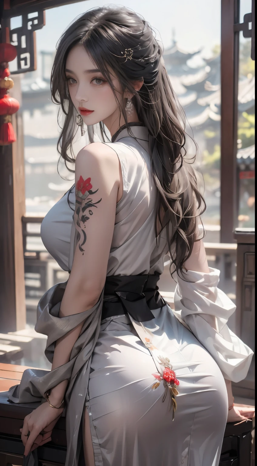 realistically, A high resolution, 1人の女性, butt lift, pretty eyes, Long gray hair, eye socket, jewely, tattoo is, Hanfu, a beautiful woman in China, Red embroidered Hanfu