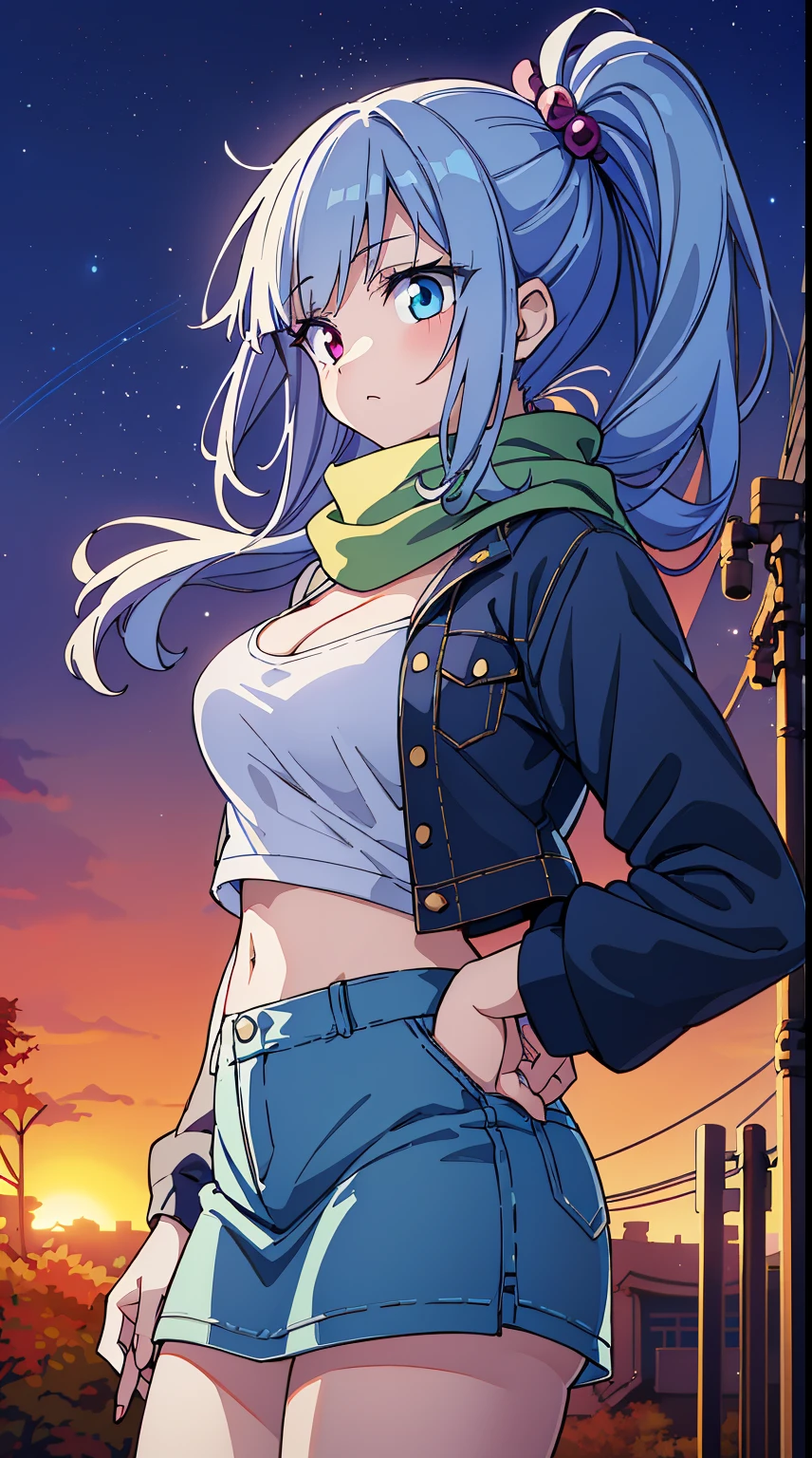 (Absurd realistic structure details),(High resolution complex and detailed text quality),(High-resolution microstructure high-poly 3D rendering correction),Methods of geometry,Careful explanatory anatomy, 
BREAK,


1 person,Solo,(Cute:1.5),(Chibi:0.6),(kawaii:1.5),(Lori:0.5),(17 years old girl),Very detailed,colourfull,highest details,Clear skin,Beautiful skin,Shy,Very detailed,colourfull,highest details,Clear skin,Beautiful skin,Shy skin,1 beautiful girl,{Heterochromia,pale blue eyes,pale green eyes:1.9},star eye silhouette, BREAK,(pale blue hair, Medium length:1.4),(Side Ponytail,A little curly hair,Single-sided twisted blade,Princess Cut:1.3),(cleavage of the breast,Large breasts,Beautiful , gleaming skin,Clear skin, Beautiful skin,(best quality face),(Top quality glowing eyes), 

BREAK(Denim jacket:1.2), White T-shirt, (Maxi skirt:1.3), (Fringe scarf:1.2), Loafers,


BREAK,(Sunset), (There is a picture of a road made of electric wires and poles.., anime countryside landscape, Anime Background Art, Anime landscapes, very detailed illustration.", anime style cityscape, style of makoto shinkai, anime backgrounds, Anime landscapes, in the style of makoto shinkai, painted in anime painter studio:1.3),Waterfall,depth of fields,a closed mouth,(Osaka in Autumn:1.55), blush, bottles, (Look back:0.6), (Sexy Pose:1.2), (tilt head:1.1),   

BREAK, (Dynamic Angle,from the front side:1.2), wakame,wakame,wakame,


BREAK,(Blurry background:1.3),(absurderes, hight resolution, Super Detail Art),cel shading,Clear Color, Lonely optical effect, Beautiful pictures, Bright glow, mystic atmosphere,(Close-up of girl:1.1), (Bright glow, Light particle effect, light  leaks, Aerial effects:1.1), clean line drawings,Clear Color, Beautiful pictures,