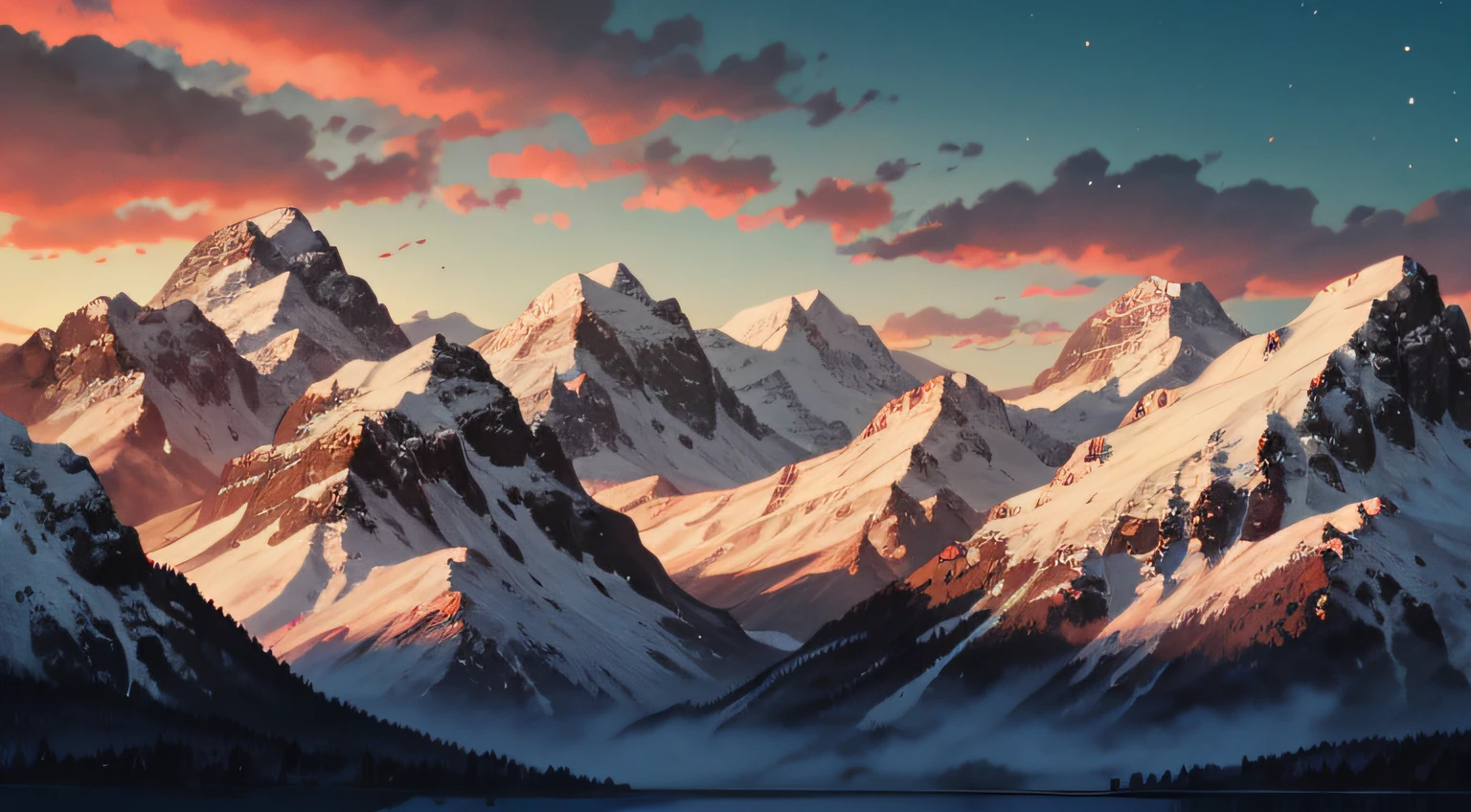 a red dragon soaring through the sky, snowy mountains in the background