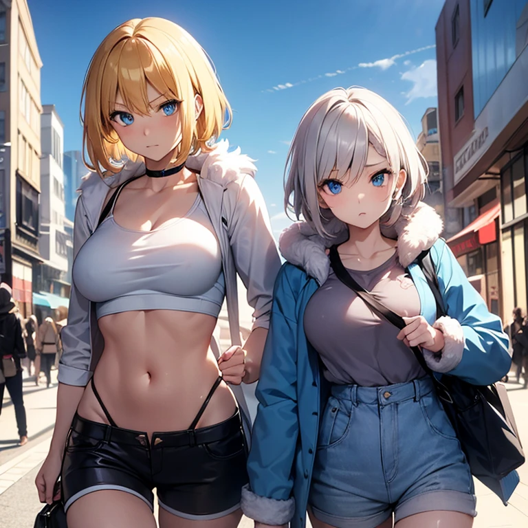 (masutepiece、Best Quality)、1girl in、ashley-re4、Beautiful eyes、Well-formed face、very large udder、Too big、Underwear、Lace bra with purple ruffles、Purple bra shoulder straps、Purple lace panties、Big and beautiful nipples、Beautiful areola、beauty legs、In the street、Gravure Pose、blushed face、Figure-eight eyebrows、Moist eyes、Seduce a man、shame、