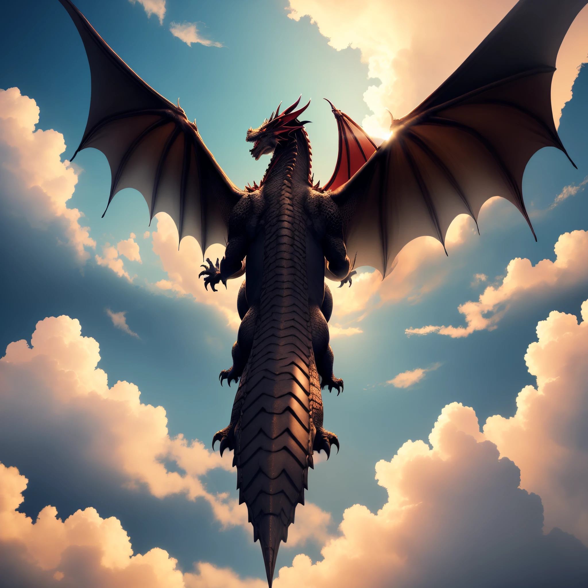 The back of a dragon flying in the sky