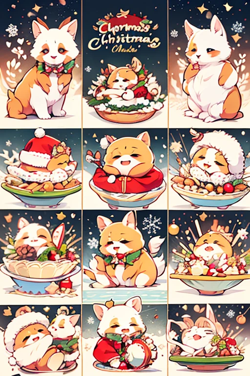 A small yellow dog，anthropomorphic styles，Christmas outfits，chubby，differentemotions，multiple poses，Cute and funny，Work scenarios，Love eating, drinking, complaining, and money，3*4 format picture output