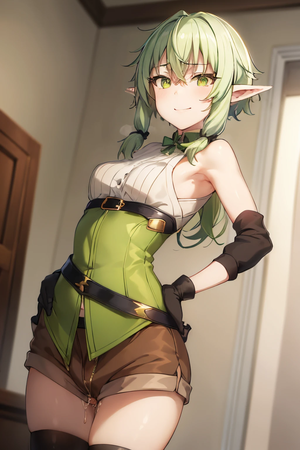 best quality, (masterpiece:1.2), detailed,
1girl, 1boy, closed mouth, smile, pointy ears,
green hair, green eyes, short hair, short hair with long locks,
green dress, sleeveless dress, black bow, black gloves, asymmetrical gloves, brown shorts,
standing, looking at the viewer,
NSFW,Bedroom,1boy,vaginal,sex,back,girl trembling with sexual climax,clothed,