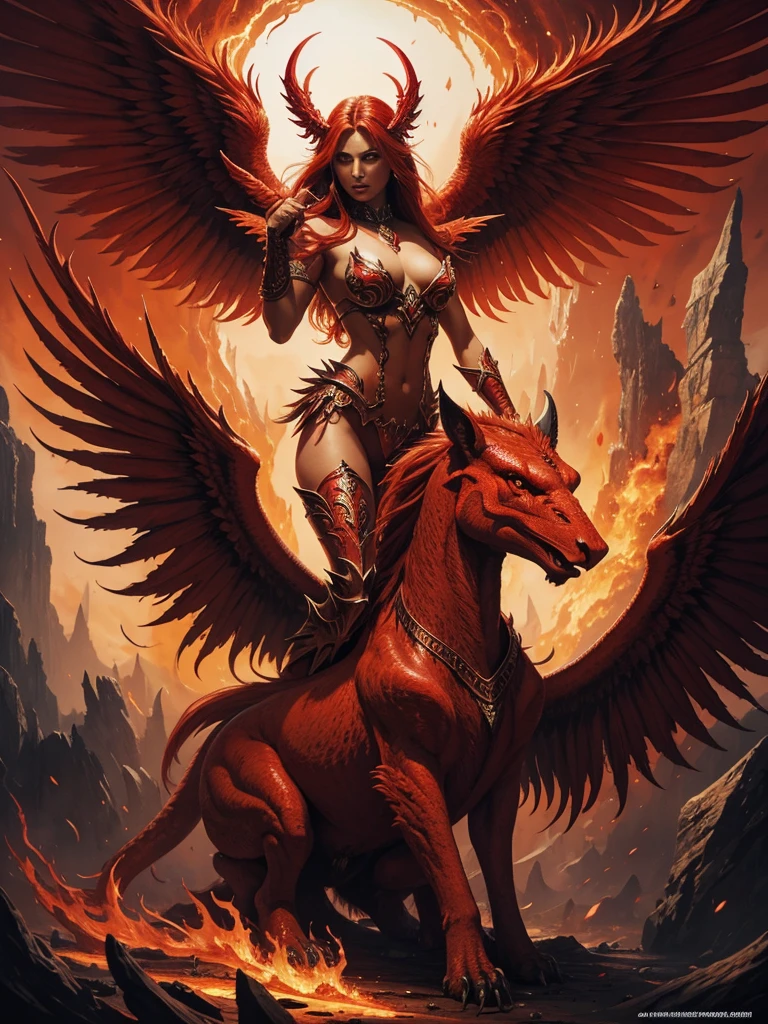 Completely red acrylic painting, glossy, glittering, with glaze: A majestic and fearsome female deamon, very beautiful, with fiery wings and a mighty tail, reigning over a desolate wasteland with an iron fist and a thirst for destruction. Mystic lights. In the style of Boris Vallejo. All done with red paint, using only shades of red, and an accent of orange.