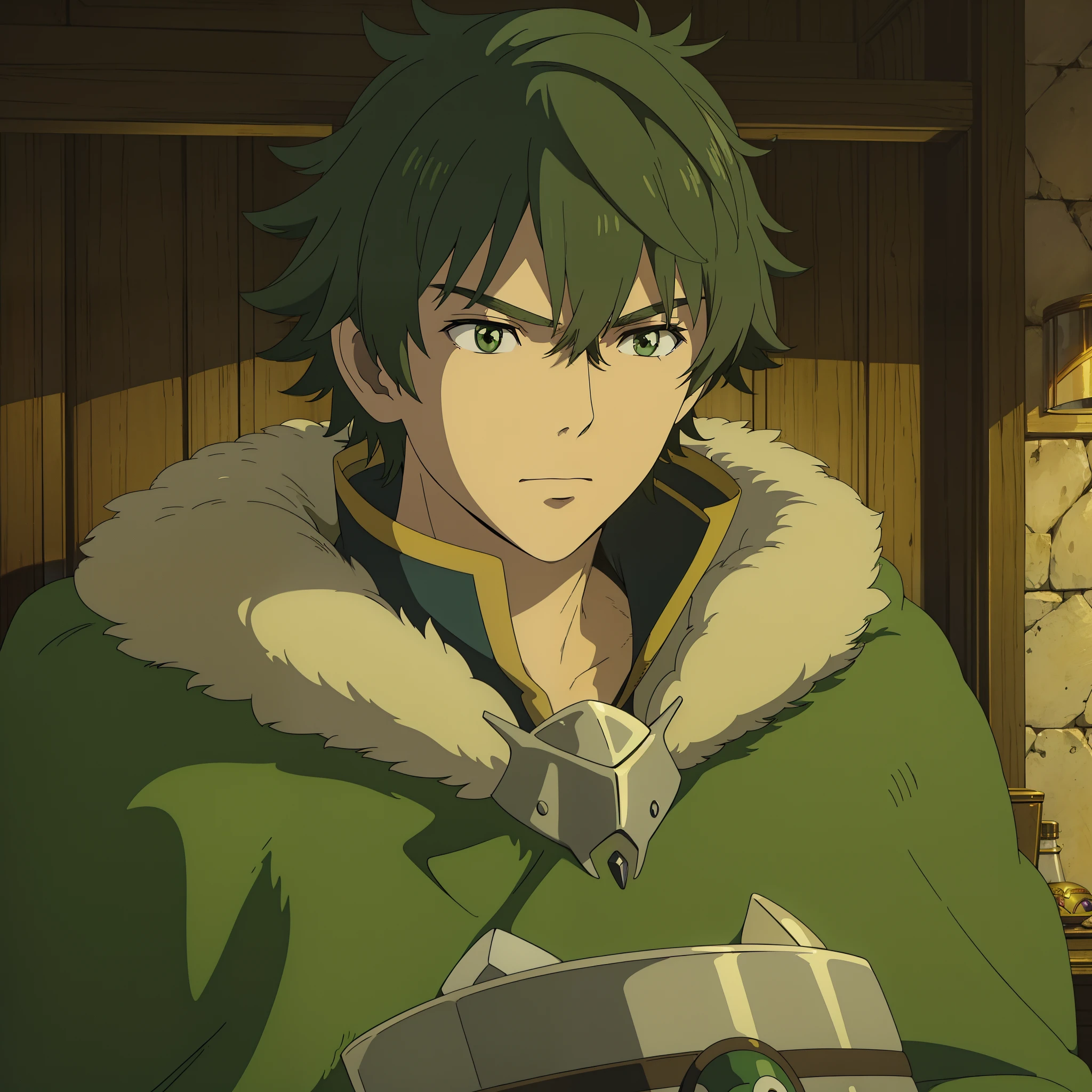 ghibli style, iwatani naofumi, close up, shield, fur trim, armor, green cape, indoor, ((masterpiece)), (extremely detailed illustration), best quality, cinematic lighting, detailed background, beautiful detailed eyes, (an extremely delicate and beautiful), (Beautiful and detailed eye description), ultra-detailed