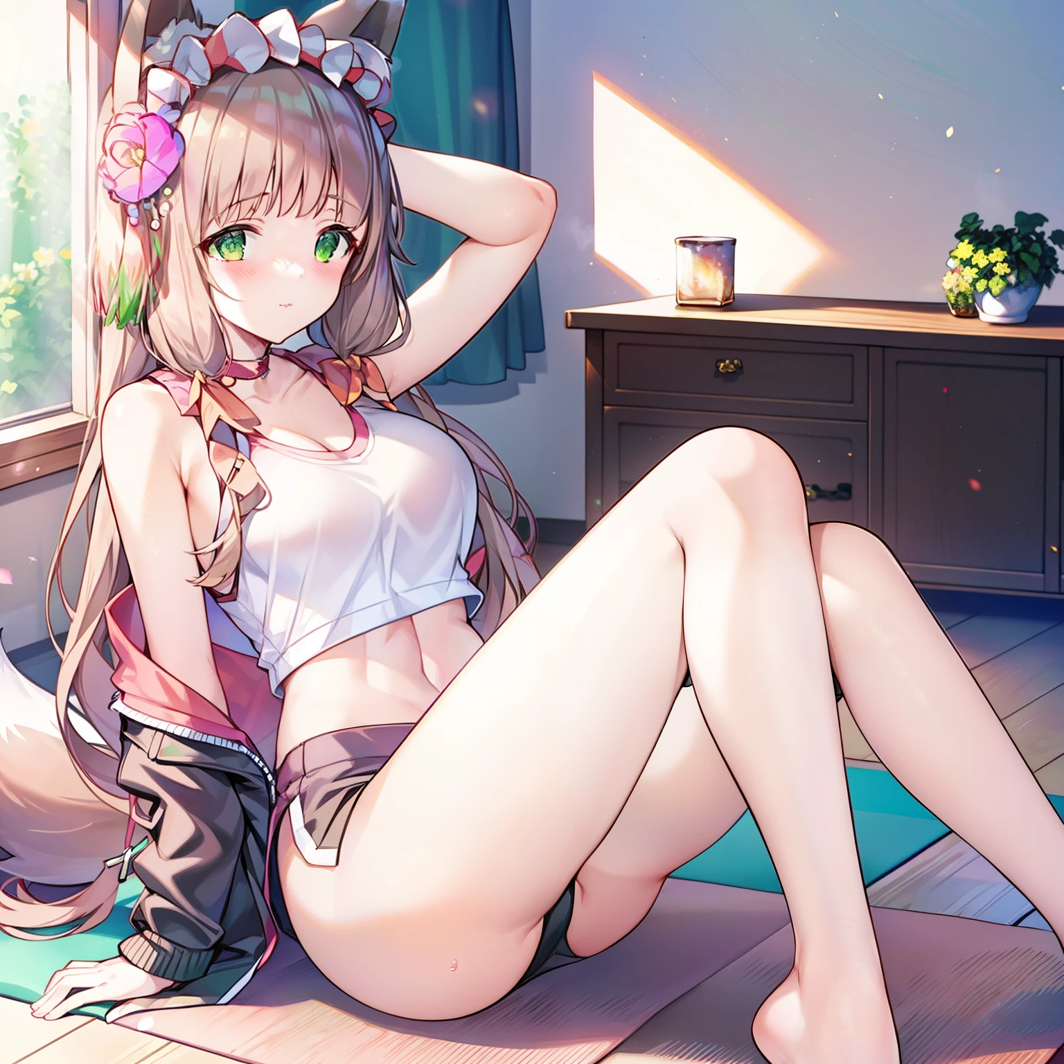 tmasterpiece,Highest high resolution,8k wallpaper,Highest drawing quality,1girll,Solo,(Huge fox tail),Brown hair long,Green eyes,Small flower headdress,21-year-old college student_C cup,Modern architecture, On The Home,Girl doing exercise on yoga mat_Girls do flexibility exercises,Wear a sexy white sports vest_Black sports shorts,