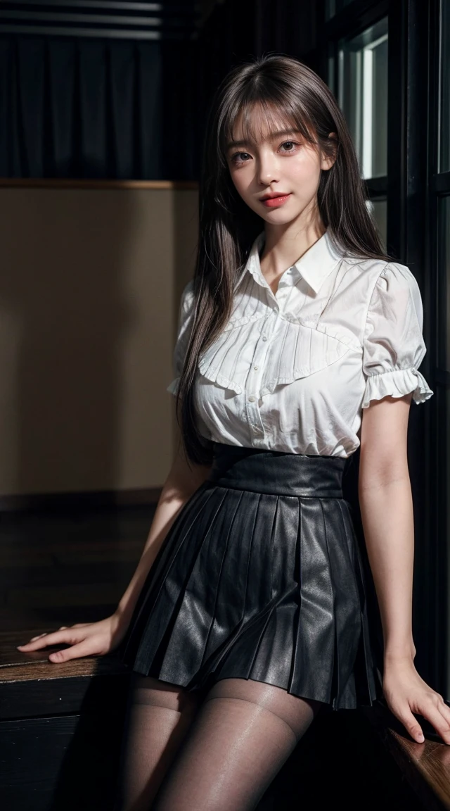 highest quality, masterpiece, (realistic:1.4), 1 girl, light smile, collared shirt, Upper body, dramatic lighting, from below, big breasts,