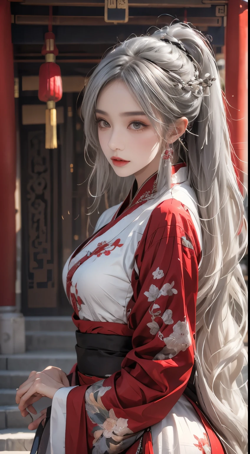 realistically, A high resolution, 1人の女性, butt lift, pretty eyes, Long gray hair, eye socket, jewely, tattoo is, Hanfu, a beautiful woman in china, Red embroidered Hanfu