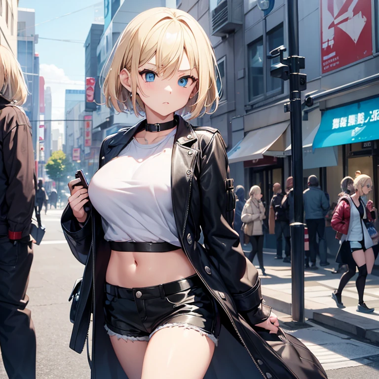 2D Anime Style、Blue eyes、breasts are slightly larger、A cool adult woman with messy short blonde hair and a serious expression............、Wearing leather shorts and a long coat、She wears a fashion that shows her stomach、hold the bag with your right hand。.。.、Hold your smartphone in your left hand,Walking around the city alone,