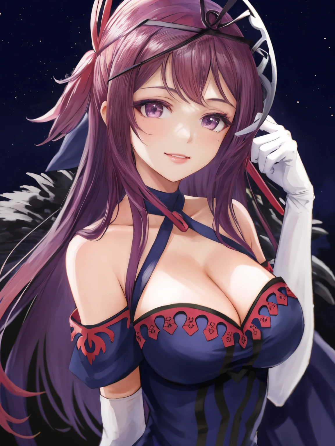 ivy fe, 1girl, solo, breasts, looking at viewer, warm smile, night sky background, gloves, dress, cleavage, bare shoulders, purple eyes, upper body, elbow gloves, white gloves, mole, lips, makeup, mask, mole under mouth