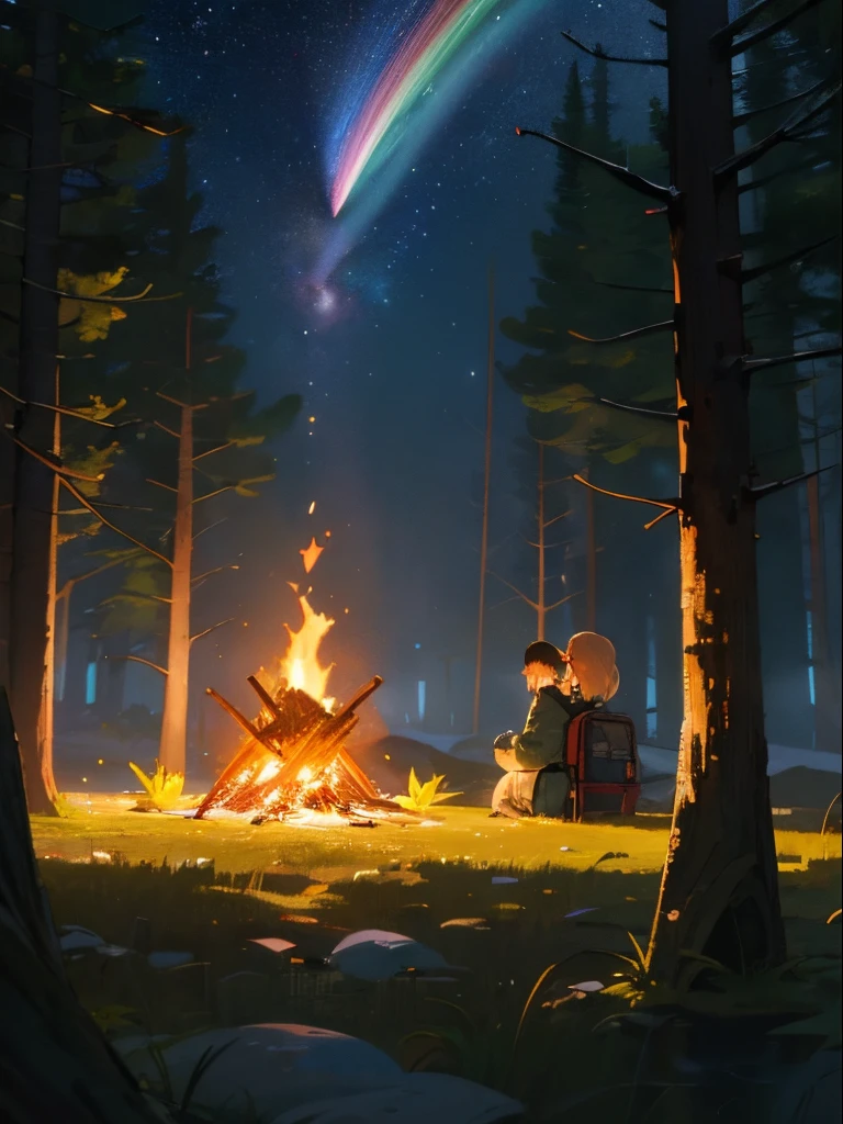 Best quality, ultra - detailed, illuminations, 1个Giant Breast Girl, , young girls, , 独奏, Look from afar, allure, bivouac, late, Monte, natural, As estrelas, themoon, ten ten, double-ponytail, green-eyed, cheerfulness, cheerful, Small backpack, sleeping bag, Camping stove, water bottel, Mountain shoes, mitts, Sweaters, Hats, flashlights, at a forest, Rochas, floods, wood, smog, cel shadow, to contrast, sunny clear sky, constellation, galactic, peace, peaceful, A piece of tranquility, peaceful, remote, secluded, adventuring, exploring, Transcendent, independence, survive, Resourceful, challenge, perseverance, endurance, endurance, Observation results, intuition, Adaptability, creativity, imagination, artistry, inspiration, Big breasts are beautiful, in awe, miracle, thanksgiving, Admiring, unwind, enjoying, reuthentic, Mindfulness, consciousness, connections, and harmony, balancing, textur, the detail, Endless realism, depth of fields, ssee-through, artworks, colours, optics, cel shadow, reflector, refractions, shades, to contrast, foreground, Middle ground, Background with, Naturalistic, figurative, Representative, Impresionismo, Innovative, experiment, Distinctive features, depth of fields, Bokeh bonfire scarf starry sky profile girl sitting on the ground facing the bonfire