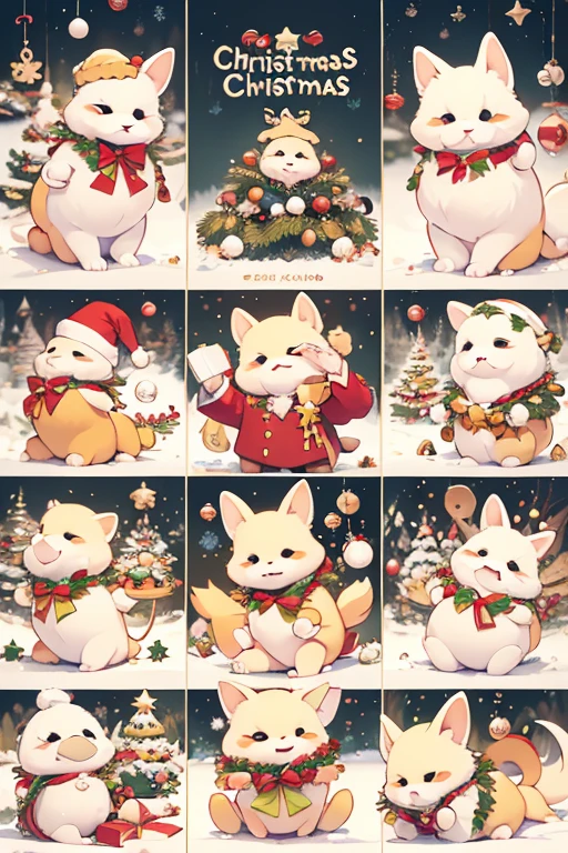 A small yellow dog，anthropomorphic styles，Christmas costumes，chubbiness，differentemotions，Multiple poses，Cute and funny，Work scenarios，Love to eat, drinking, complain, and money，3*4 formats of image output