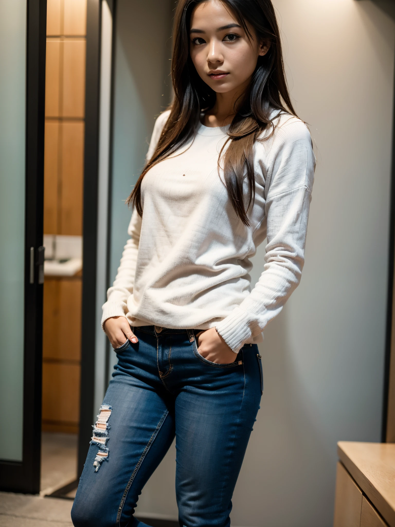 (full body portrait:1.4), RAW UHD portrait photo of a 24 year old woman called Kimmie Miso, (1 woman). Black hair, brown eyes, feminie features, dslr, ultra quality, film grain, (centred), Fujifilm XT3, detailed skin pores, intricate eye detail, jeans and sweater, winter jacket, snowy alley,