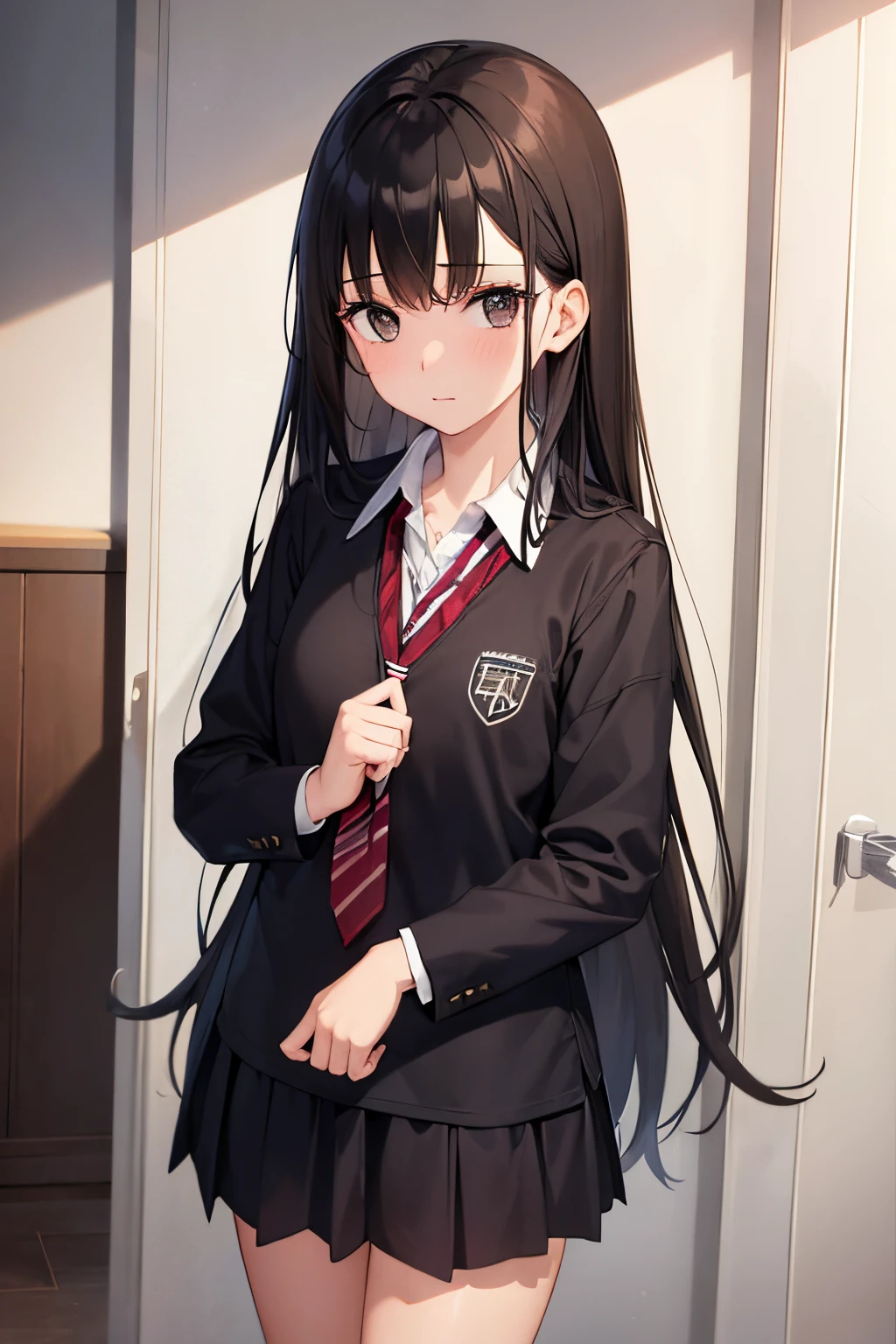 A girl wearing a black school uniform. She has long brown hair and brown eyes.