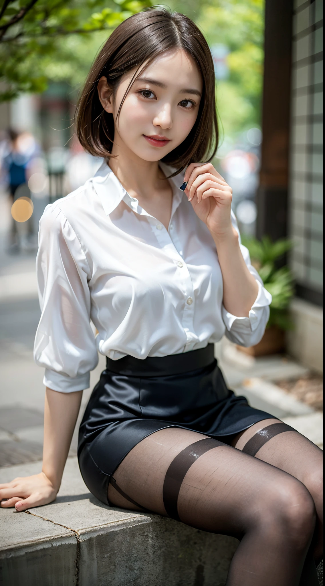 ulzzang -6500-v1.1, (Raw photo:1.2), (Photorealsitic), (See-through:1.3), (Real:1.4), Upper class woman sitting on beautiful park lawn with purse and handbag, Sitting, game_nffsw, Wearing an ultra-thin silk blouse over naked、Wearing ((Sukesuke Silk Blouse:1.3)), jaw-dropping beauty、 thighhighs and skirt, (Wear ultra-realistic pantyhose)、elegant japanese woman, Ultra-thin white shirt and gray skirt, transparent gray skirts, Japanese Models, Wearing a blouse, japanese city street fashion, japanese street fashion, dressed with long fluent clothes, dressed with fluent clothes, very pretty model, Wearing a white blouse, Cute elegant pose、A smile、 Raw photo, (in 8K、top-quality、masterpiece:1.2)、(intricate detailes:1.4)、(Photorealsitic:1.4)、octane renderings、Complex 3D rendering ultra detail, Studio Soft Light, Rim Lights, vibrant detail, super detailing, realistic skin textures, Detail Face, Beautiful detail eyes, Very detailed CG Unity 16k wallpaper, make - up, (detailedbackground:1.2), Realistic skin feeling、shinny skin、Exposed thighs!!!、