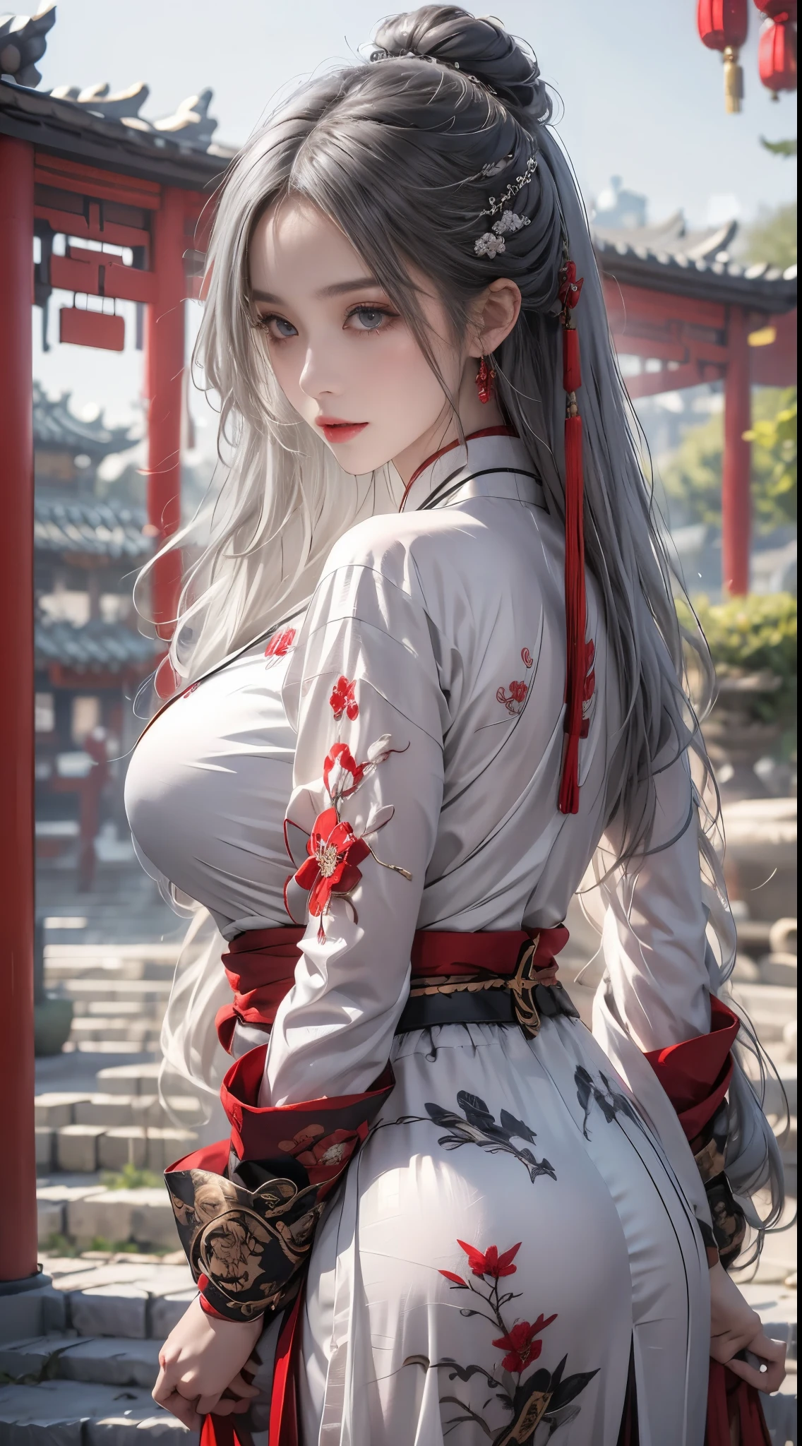 realistically, A high resolution, 1人の女性, butt lift, pretty eyes, Long gray hair, eye socket, jewely, tattoo is, Hanfu, a beautiful woman in china, Red embroidered Hanfu