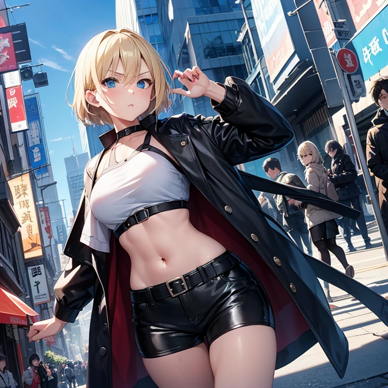 illustration, best quality, ultra detailed, detailed illustration, 1girl, sexy, short blonde hair, sunglasses, head scarf, black bikini top, short shorts, maroon leather jacket, standing straight, flirty smile, juicy ass, from behind